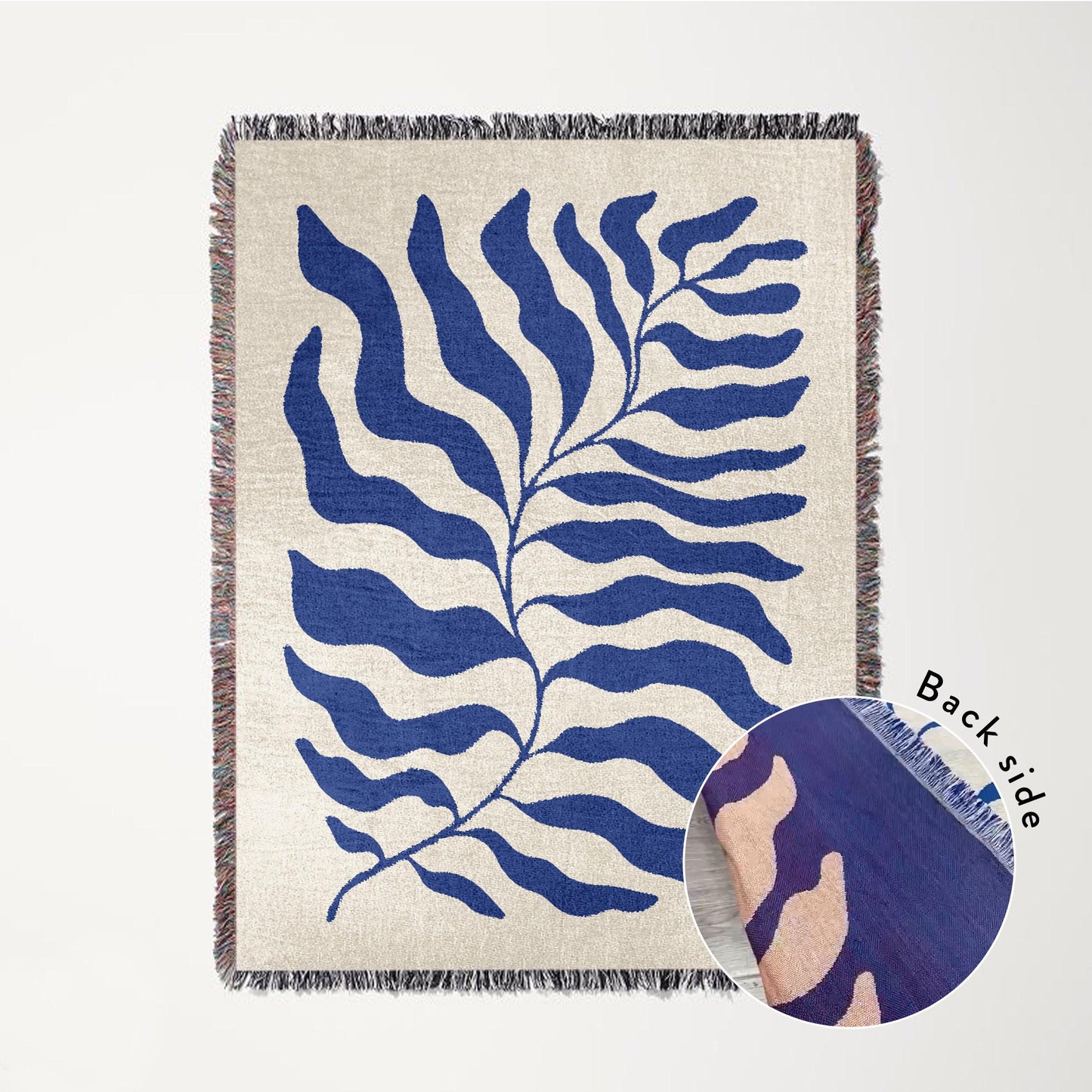 Blue Matisse Leaf Throw w Fringe | Trendy & Soft All Seasons Picnic Blanket | Sofa Tapestry Decor Blankets | Gift for Her