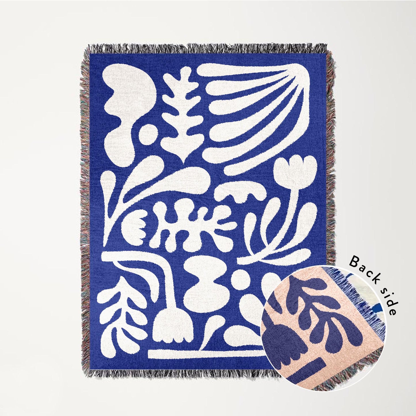 Blue Matisse Funky Motifs Throw Blanket | Modern Minimalist Decor | Funky Tapestry Woven Blanket | Fringe Sofa Picnic Travel Blanket Throw