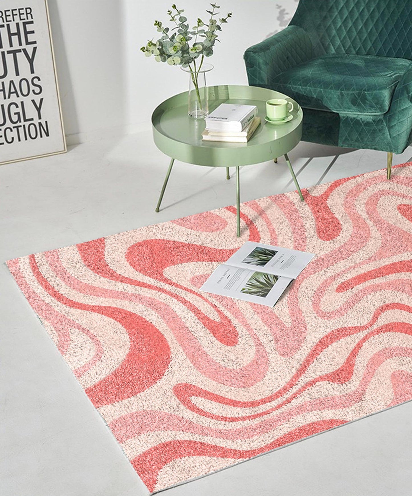 Pink Groovy Wave Retro Carpet | Funky Danish Pastel Decor Rug | Bedroom Living Room Rug Modern Y2K Rug | Plush Trendy Accent Rug