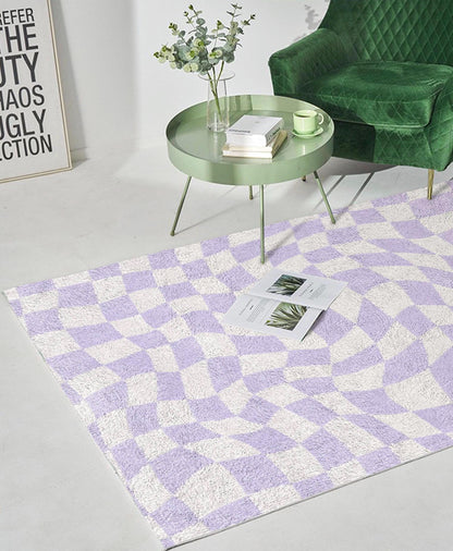 Lilac Checkered Carpet | Funky Purple Danish Pastel Decor Rug | Bedroom Living Room Rug Modern Y2K Rug | Plush Trendy Purple Accent Rug