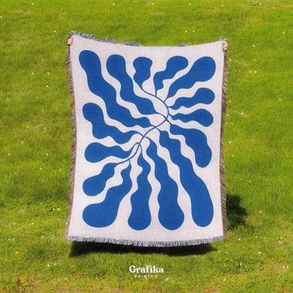 Blue Matisse Leaf Beach Throw Blanket | Modern Minimalist Decor | Funky Tapestry Woven Blanket | Fringe Sofa Picnic Travel Blanket Throw