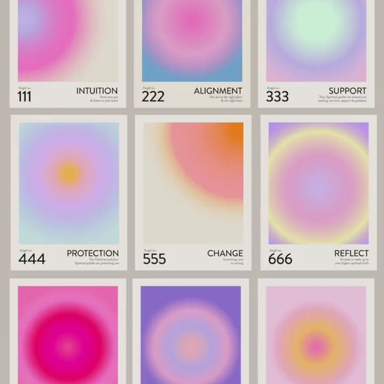 Angel Number Poster Set of 9 | Trendy Gradient Aura Energy Spiritual Wall Art 222, 333, 666, 888 | Aesthetic Room Decor | Instant Download