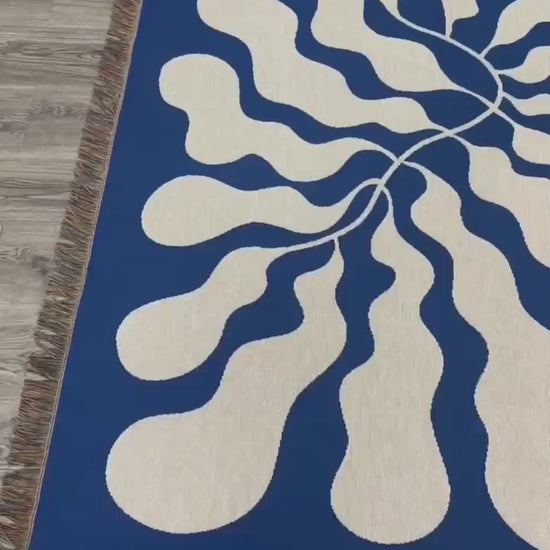 Blue Matisse Leaf Throw Blanket | Earth Tone Funky Tapestry Woven Blanket | Fringe Sofa Blankets | Picnic Blanket Throw | Free shipping