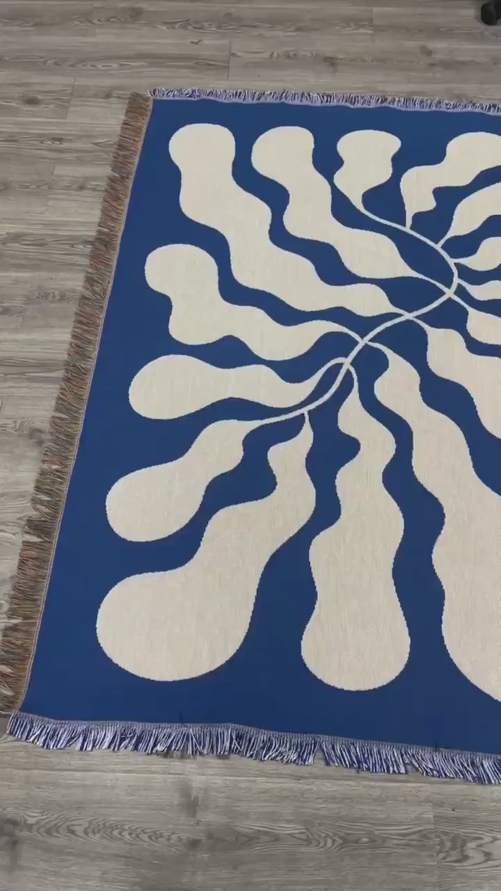 Blue Matisse Leaf Throw Blanket | Earth Tone Funky Tapestry Woven Blanket | Fringe Sofa Blankets | Picnic Blanket Throw | Free shipping