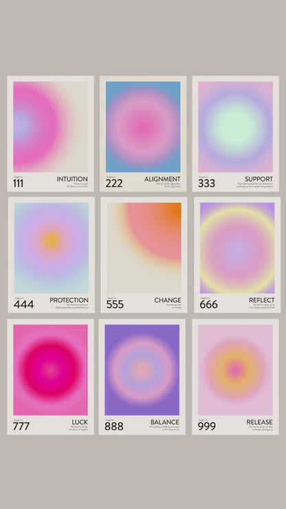 Angel Number Poster Set of 9 | Trendy Gradient Aura Energy Spiritual Wall Art 222, 333, 666, 888 | Aesthetic Room Decor | Instant Download