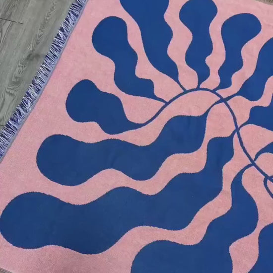 Pink Blue Matisse Leaf Woven Blanket | Funky Retro Tapestry Blanket | All Seasons Fringe Sofa Blankets | Picnic Blanket Brown Woven Throw