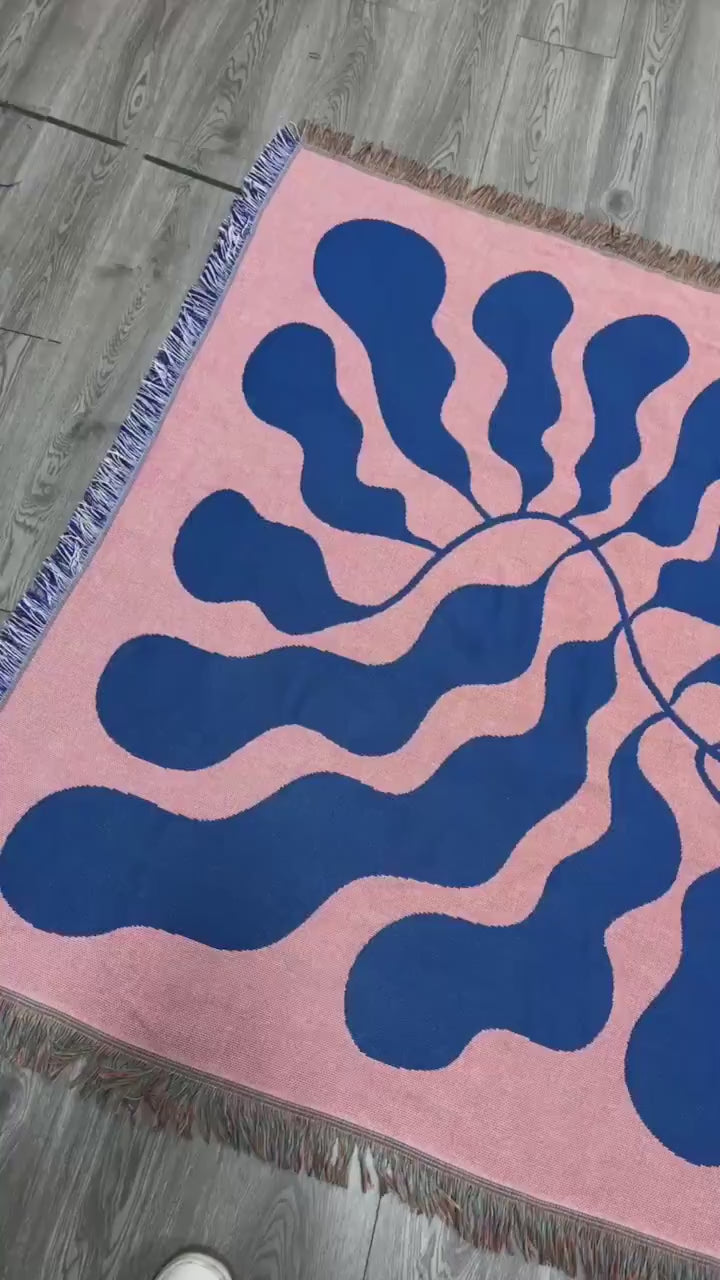 Pink Blue Matisse Leaf Woven Blanket | Funky Retro Tapestry Blanket | All Seasons Fringe Sofa Blankets | Picnic Blanket Brown Woven Throw