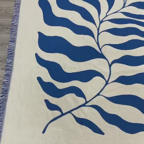 Blue Matisse Leaf Throw w Fringe | Trendy & Soft All Seasons Picnic Blanket | Sofa Tapestry Decor Blankets | Gift for Her