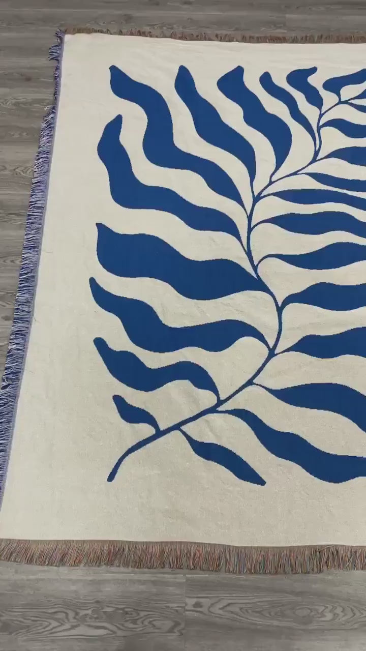 Blue Matisse Leaf Throw w Fringe | Trendy & Soft All Seasons Picnic Blanket | Sofa Tapestry Decor Blankets | Gift for Her