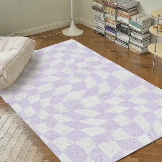 Lilac Checkered Carpet | Funky Purple Danish Pastel Decor Rug | Bedroom Living Room Rug Modern Y2K Rug | Plush Trendy Purple Accent Rug