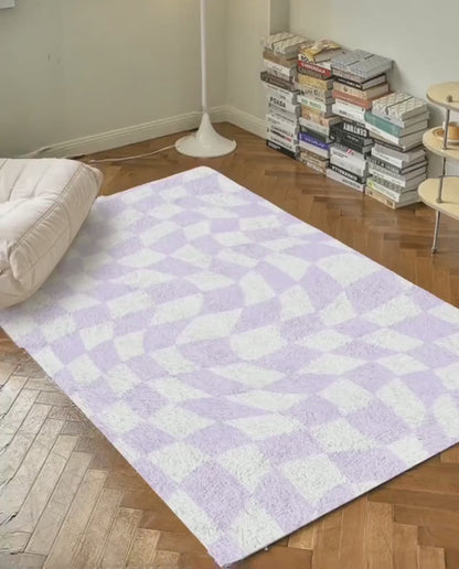 Lilac Checkered Carpet | Funky Purple Danish Pastel Decor Rug | Bedroom Living Room Rug Modern Y2K Rug | Plush Trendy Purple Accent Rug